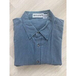 Vintage Bugle Boy Men's Blue Woven 100% Cotton Button-Up Shirt Short Sleeve XL